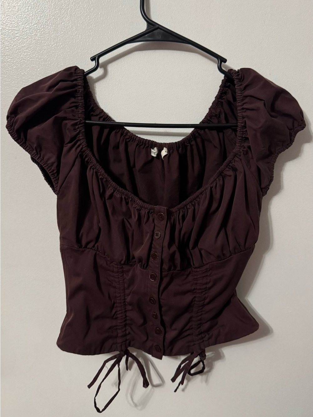 House of CB Dark Chocolate Puff-Sleeve Button Crop Top